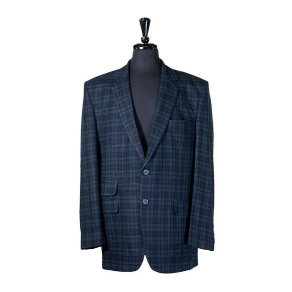Mens Blazer Blue Green Plaid Check Wool Dress Formal Suit Jacket